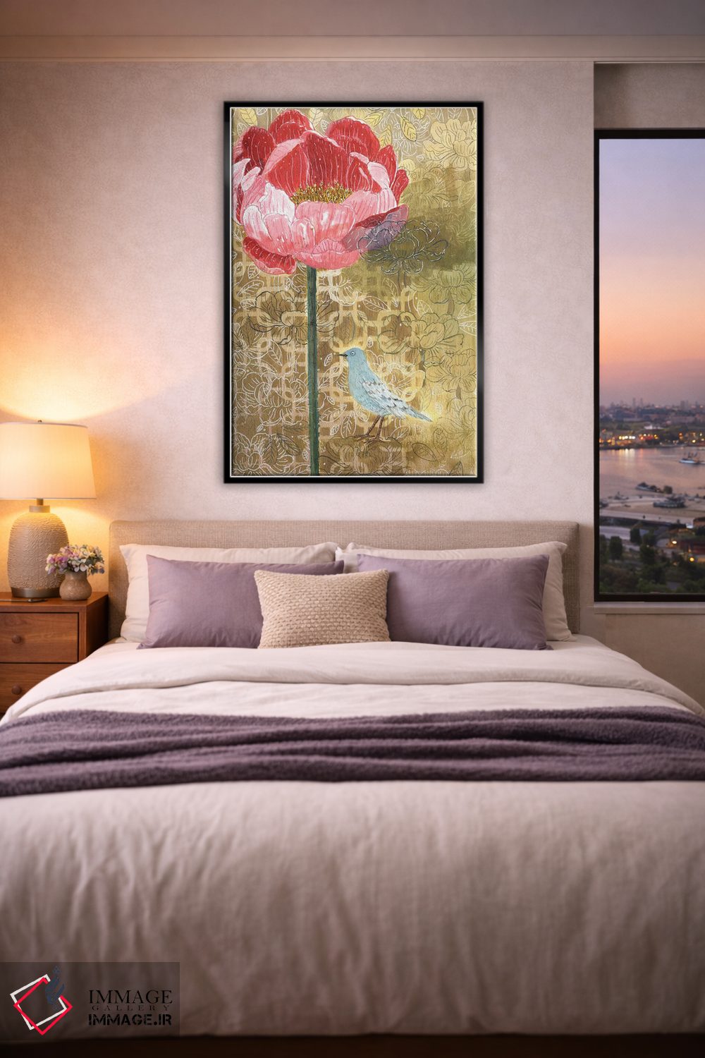 تابلو مدرن پرنده کوچک با گل صورتی اثر میری اشت - D6B