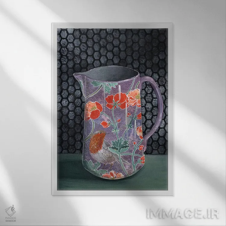 تابلو مدرن گلدان بنفش با سینه سرخ اثر میری اشت - نمای قابدار سفید