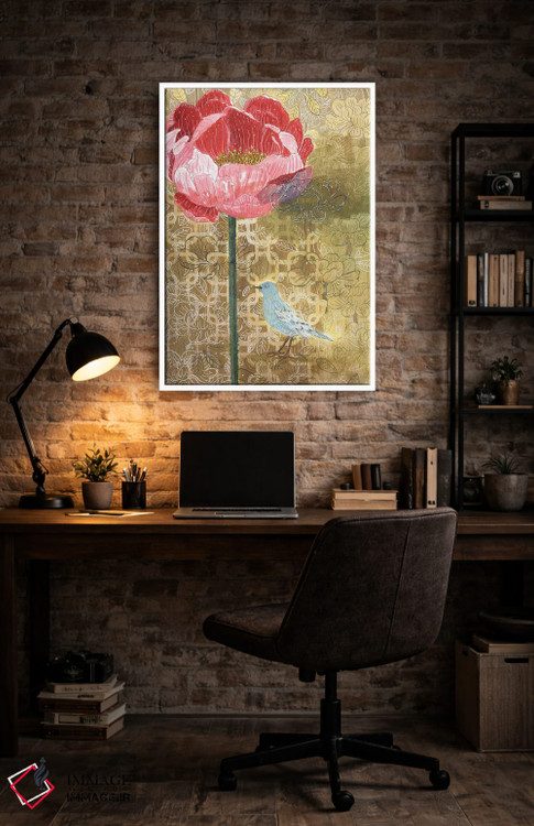 تابلو مدرن پرنده کوچک با گل صورتی اثر میری اشت - D4W