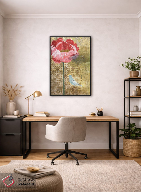 تابلو مدرن پرنده کوچک با گل صورتی اثر میری اشت - D5B