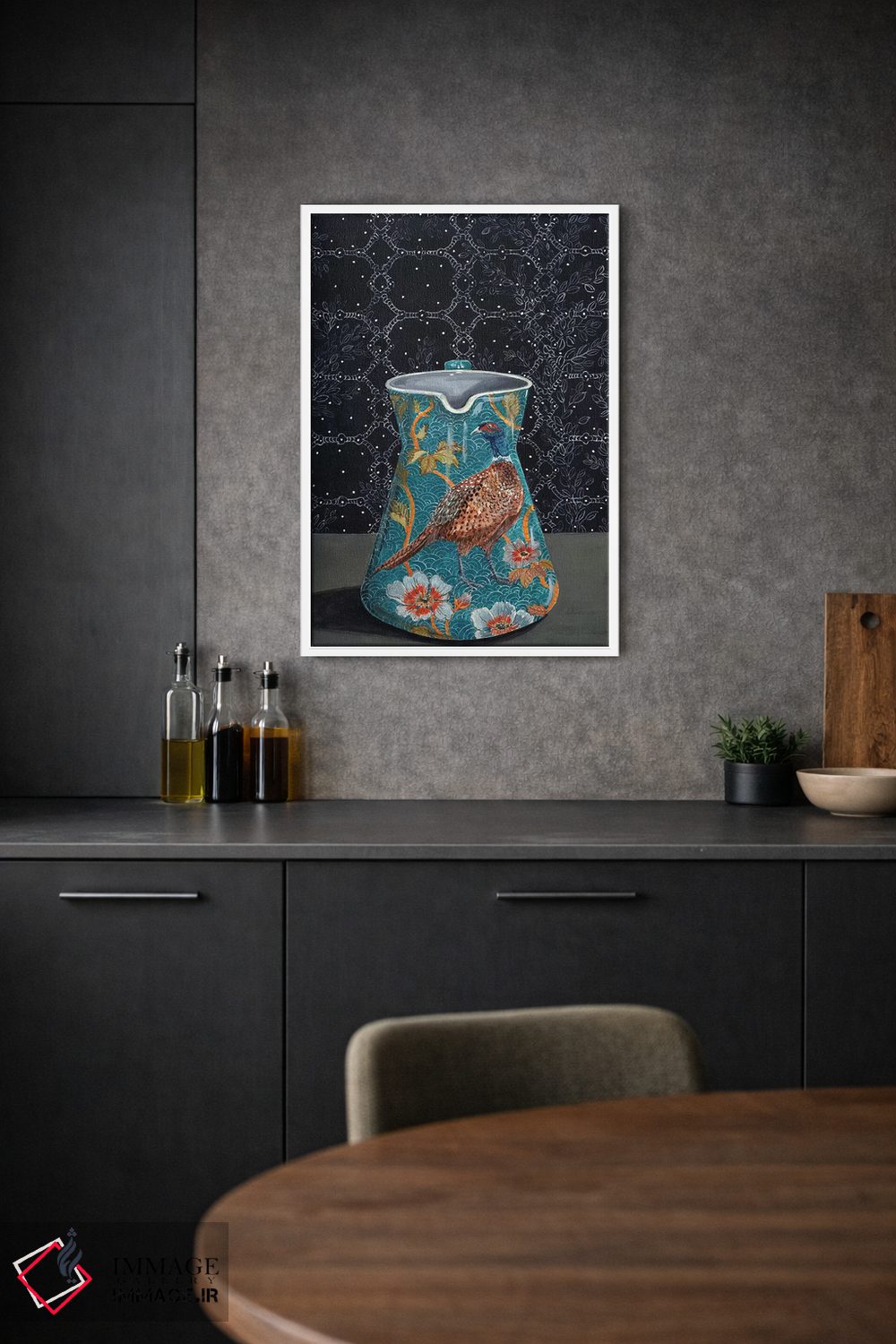 تابلو مدرن پارچ فیروزه ای با نقش قرقاول اثر میری اشت - D1W