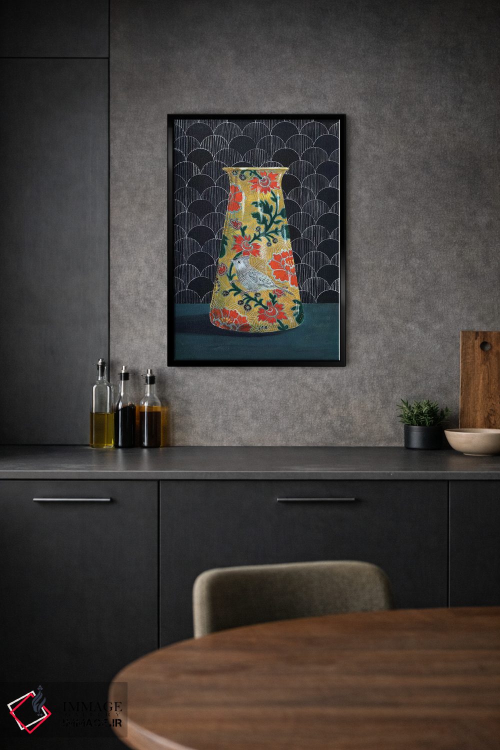 تابلو مدرن گلدان زرد با پرنده چرخ ریسک اثر میری اشت - D2B