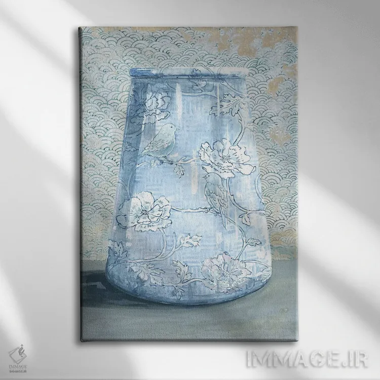 تابلو مدرن گلدان چینی آبی اثر میری اشت - نمای روبهرو روی دیوار