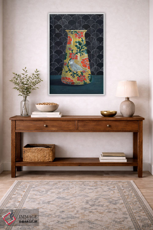 تابلو مدرن گلدان زرد با پرنده چرخ ریسک اثر میری اشت - D3W