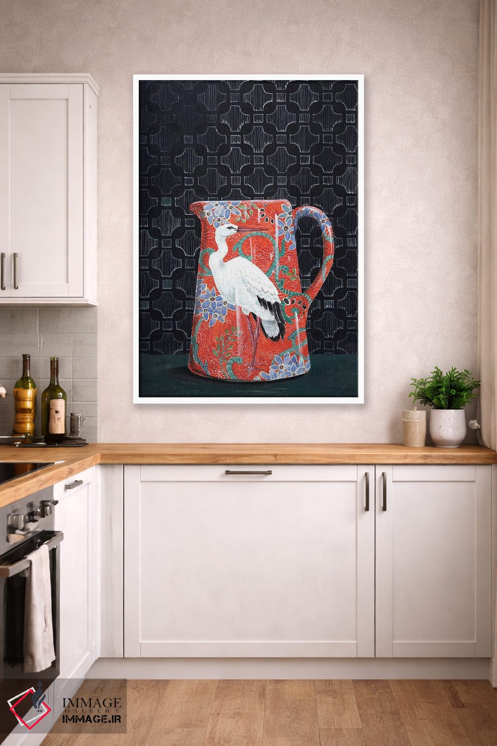 تابلو مدرن پارچ قرمز با نقش لک لک اثر میری اشت - D2W