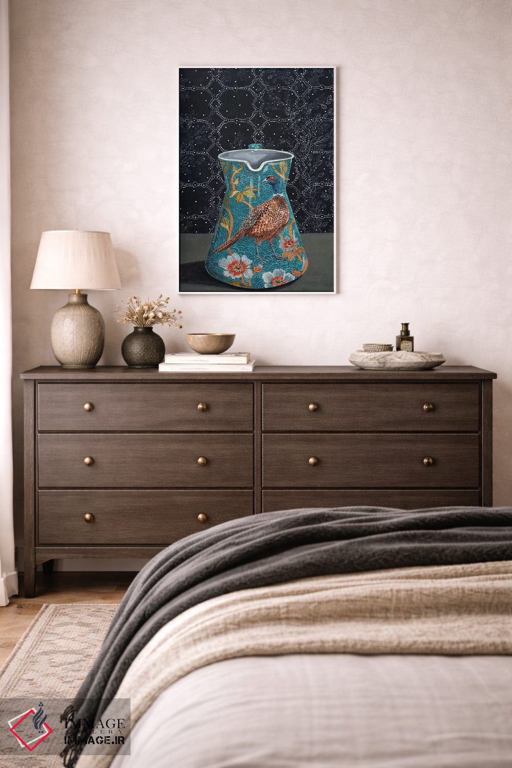 تابلو مدرن پارچ فیروزه ای با نقش قرقاول اثر میری اشت - D3W