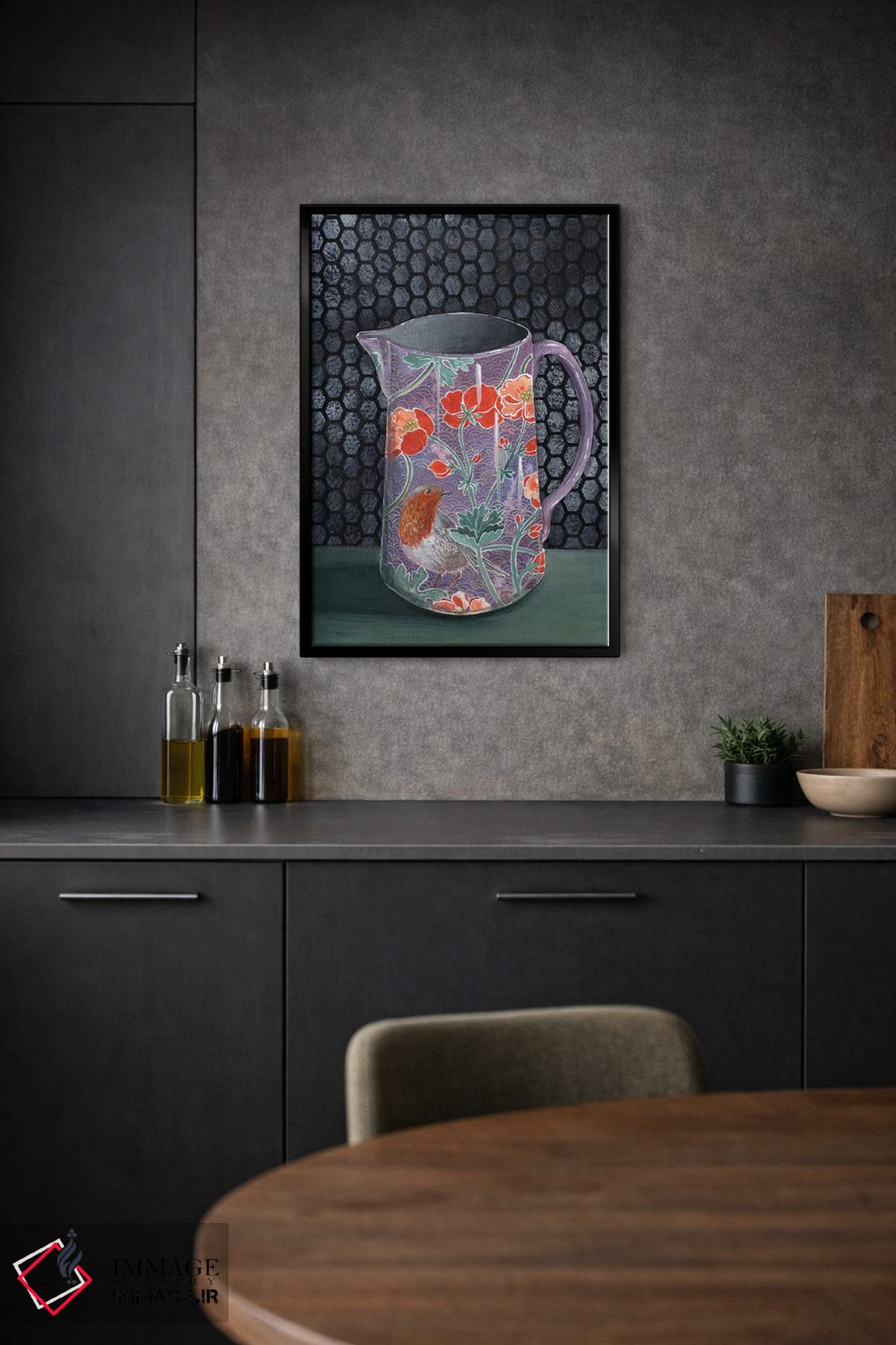 تابلو مدرن گلدان بنفش با سینه سرخ اثر میری اشت - D2B