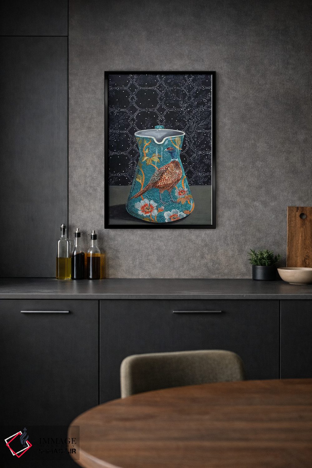 تابلو مدرن پارچ فیروزه ای با نقش قرقاول اثر میری اشت - D2B