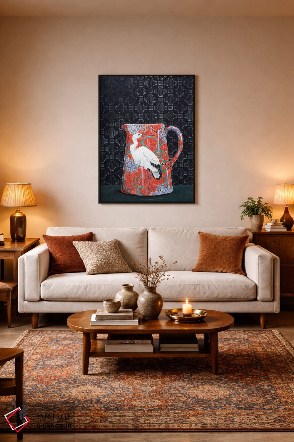 تابلو مدرن پارچ قرمز با نقش لک لک اثر میری اشت - D3B