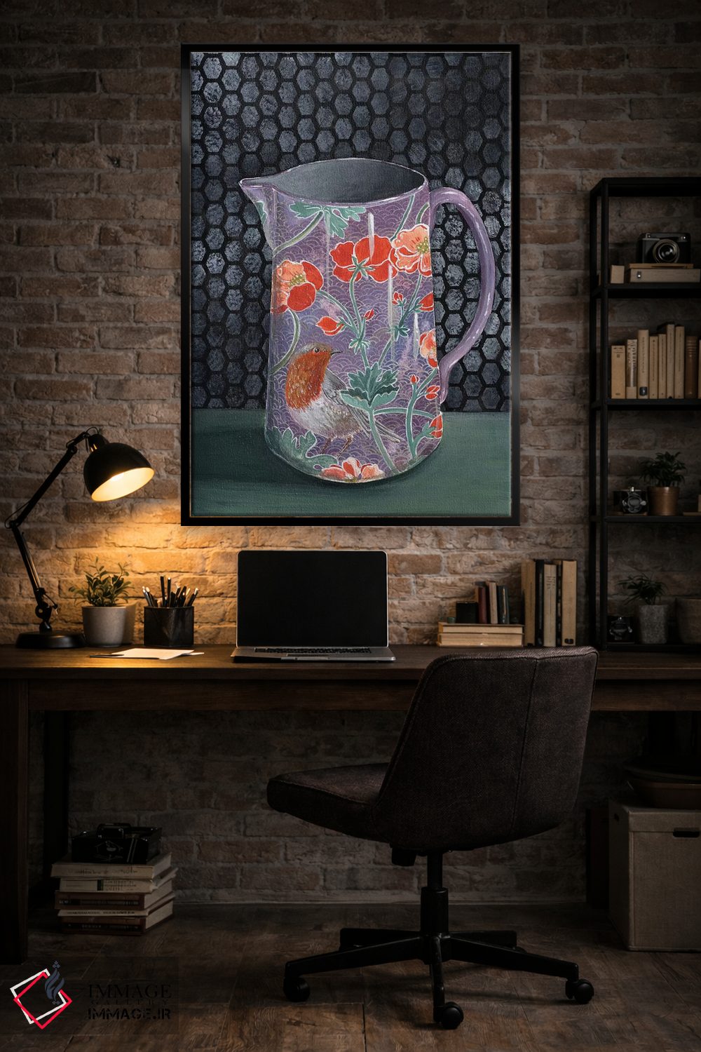 تابلو مدرن گلدان بنفش با سینه سرخ اثر میری اشت - D5B