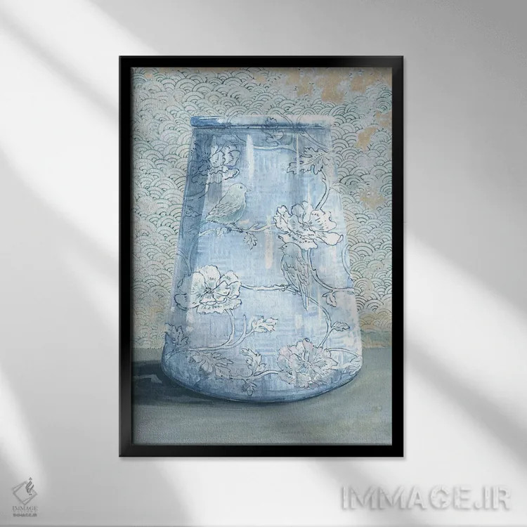 تابلو مدرن گلدان چینی آبی اثر میری اشت - نمای قابدار مشکی