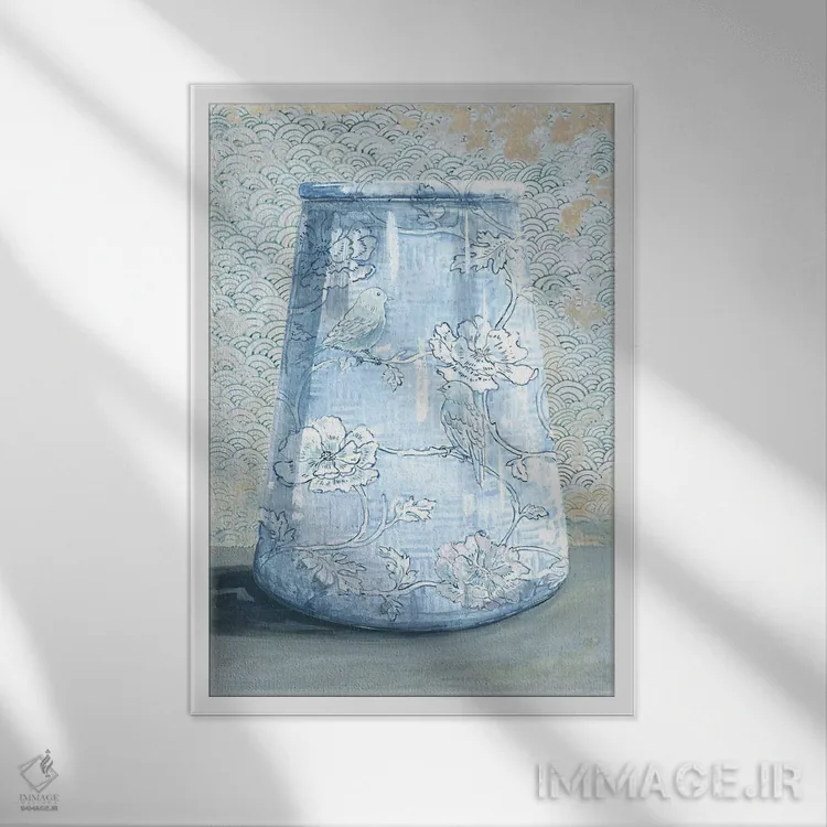 تابلو مدرن گلدان چینی آبی اثر میری اشت - نمای قابدار سفید