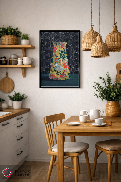 تابلو مدرن گلدان زرد با پرنده چرخ ریسک اثر میری اشت - D6B