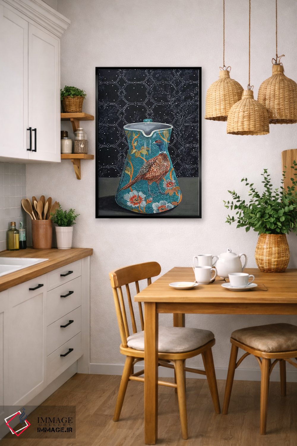 تابلو مدرن پارچ فیروزه ای با نقش قرقاول اثر میری اشت - D6B