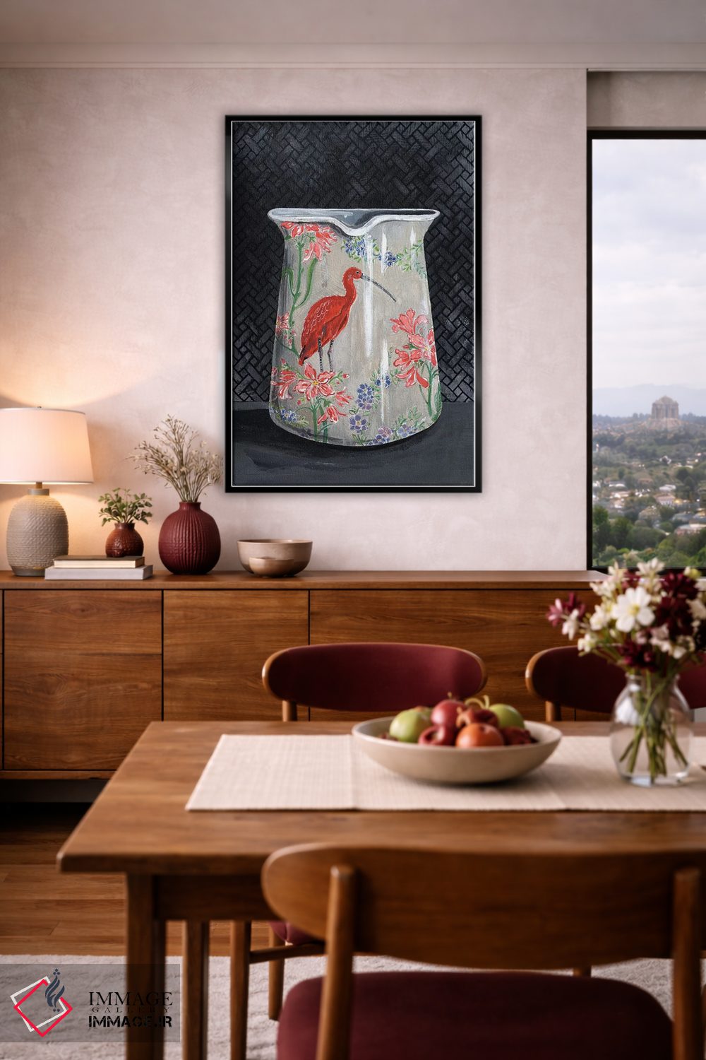 تابلو مدرن گلدان با نقش ایبیس سرخ اثر میری اشت - D5B