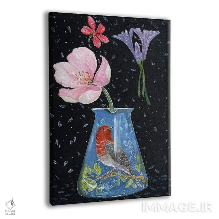 تابلو مدرن گلدان آبی با سینه سرخ اثر میری اشت - نمای پرسپکتیو محصول