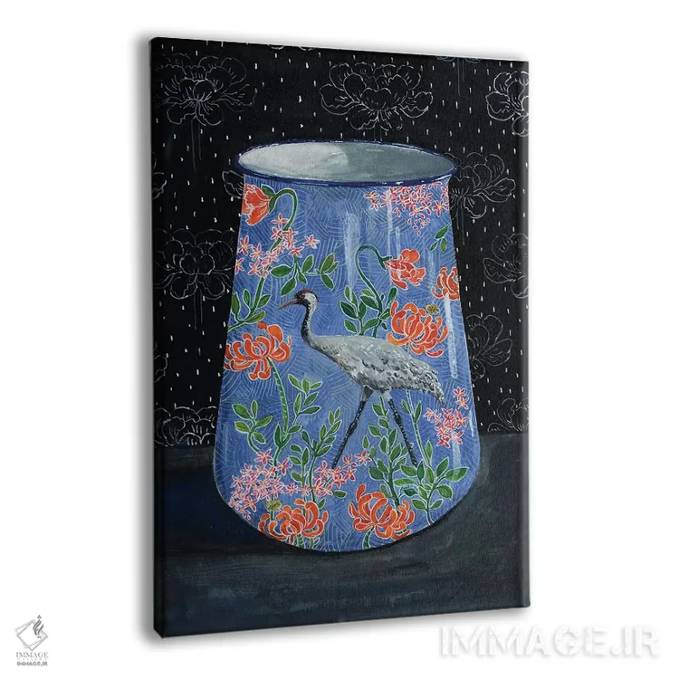 تابلو مدرن گلدان آبی با درنای خاکستری اثر میری اشت - نمای پرسپکتیو محصول