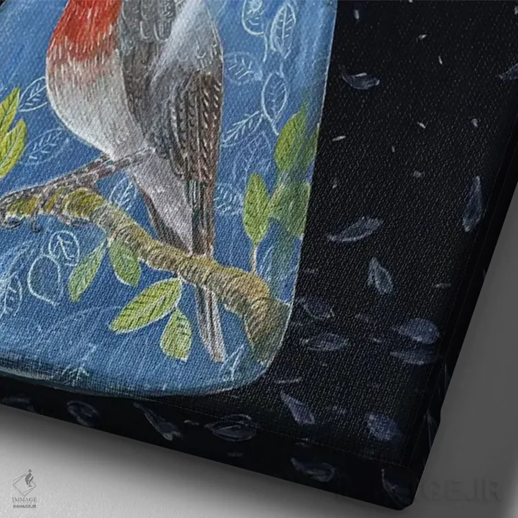 تابلو مدرن گلدان آبی با سینه سرخ اثر میری اشت - نمای نزدیک بافت بوم