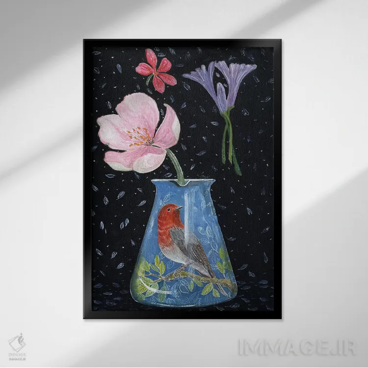تابلو مدرن گلدان آبی با سینه سرخ اثر میری اشت - نمای قابدار مشکی