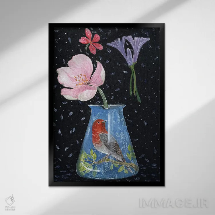 تابلو مدرن گلدان آبی با سینه سرخ اثر میری اشت - نمای قابدار مشکی