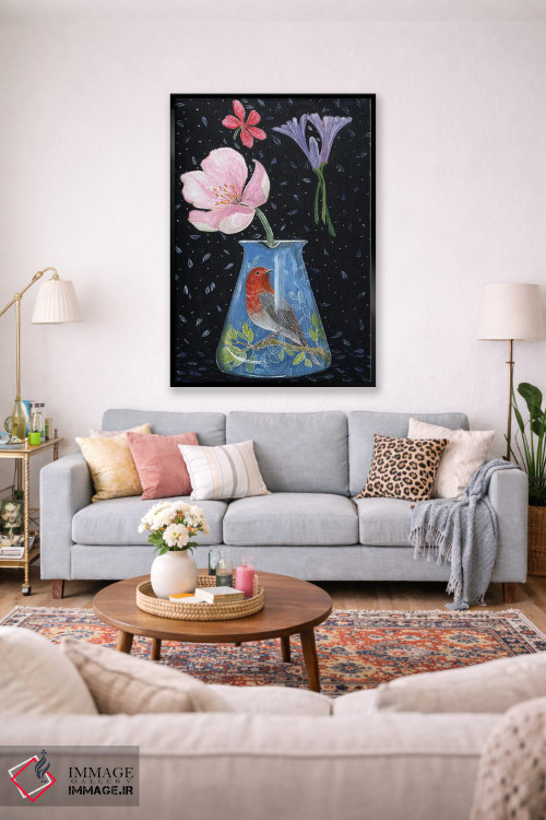 تابلو مدرن گلدان آبی با سینه سرخ اثر میری اشت - D2B