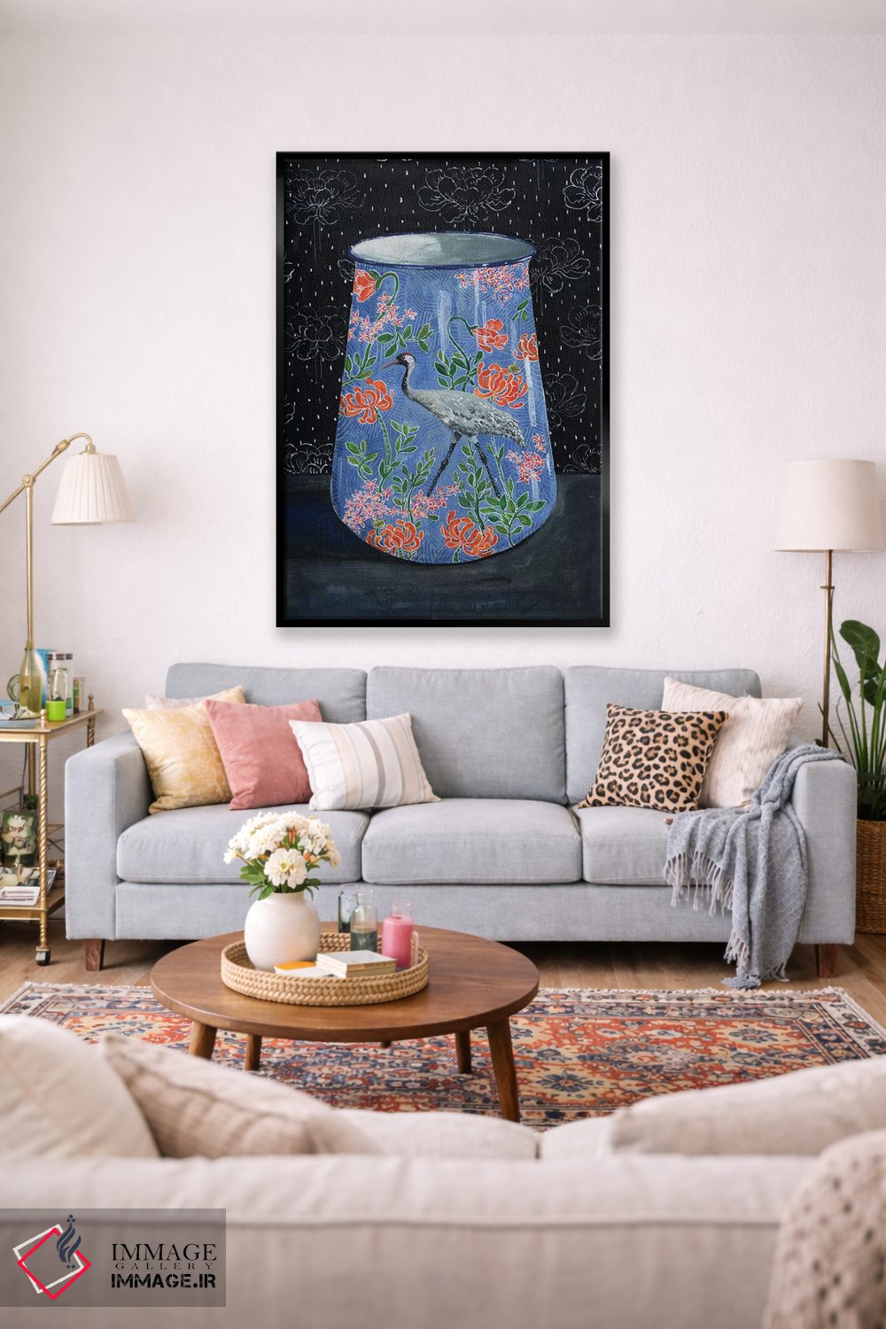 تابلو مدرن گلدان آبی با درنای خاکستری اثر میری اشت - D2B