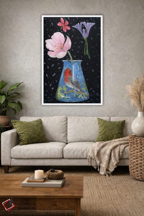 تابلو مدرن گلدان آبی با سینه سرخ اثر میری اشت - D1W