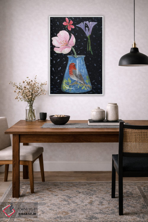 تابلو مدرن گلدان آبی با سینه سرخ اثر میری اشت - D3W