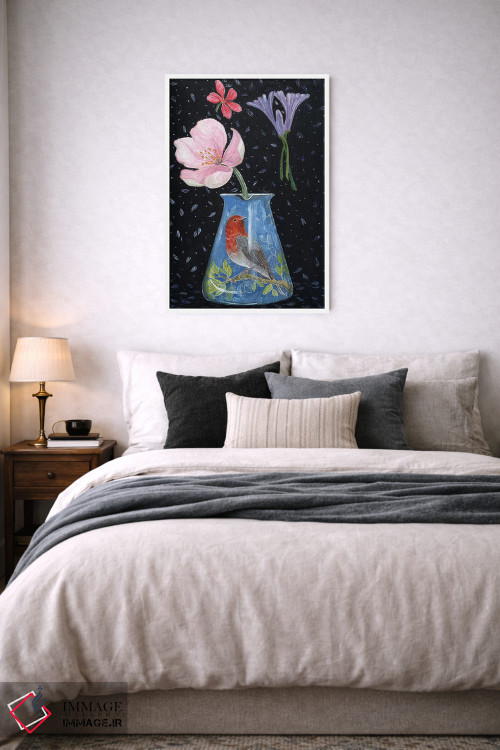 تابلو مدرن گلدان آبی با سینه سرخ اثر میری اشت - D6W