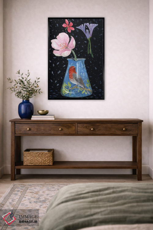 تابلو مدرن گلدان آبی با سینه سرخ اثر میری اشت - D5B