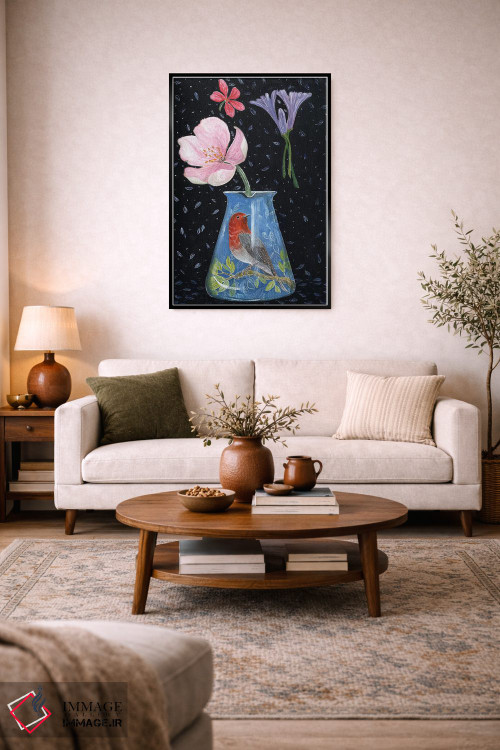 تابلو مدرن گلدان آبی با سینه سرخ اثر میری اشت - D4B