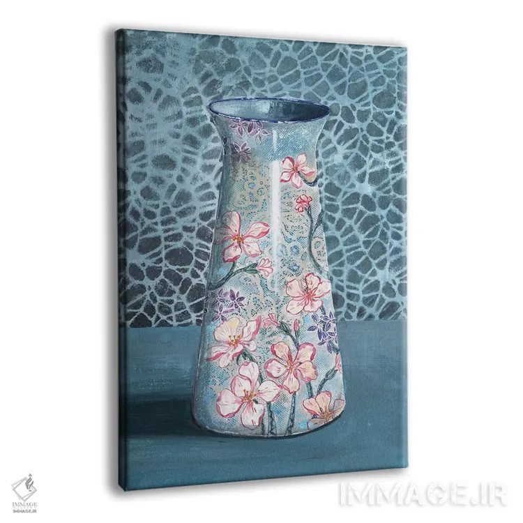 تابلو مدرن گلدان گل دار آبی-خاکستری اثر میری اشت - نمای پرسپکتیو محصول
