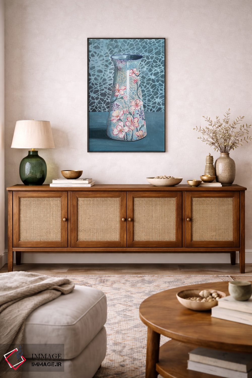 تابلو مدرن گلدان گل دار آبی-خاکستری اثر میری اشت - D4B