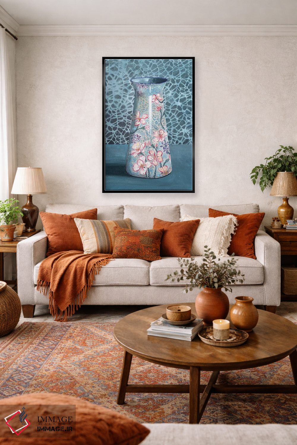 تابلو مدرن گلدان گل دار آبی-خاکستری اثر میری اشت - D3B