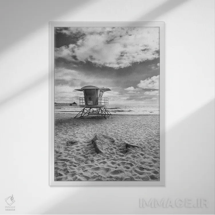 تابلو دکوراتیو ساحل امپریال کالیفرنیا به صورت تک رنگ اثر ملانی ویولا - نمای قابدار سفید