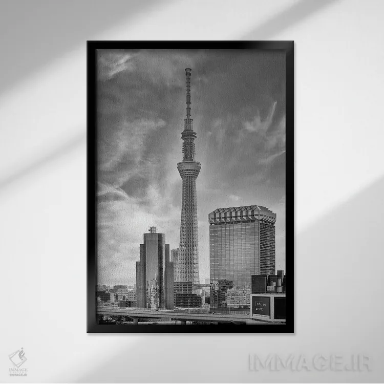تابلو دکوراتیو توکیو اسکای تری چشمگیر در کنار رودخانه سومیدا اثر ملانی ویولا - نمای قابدار مشکی