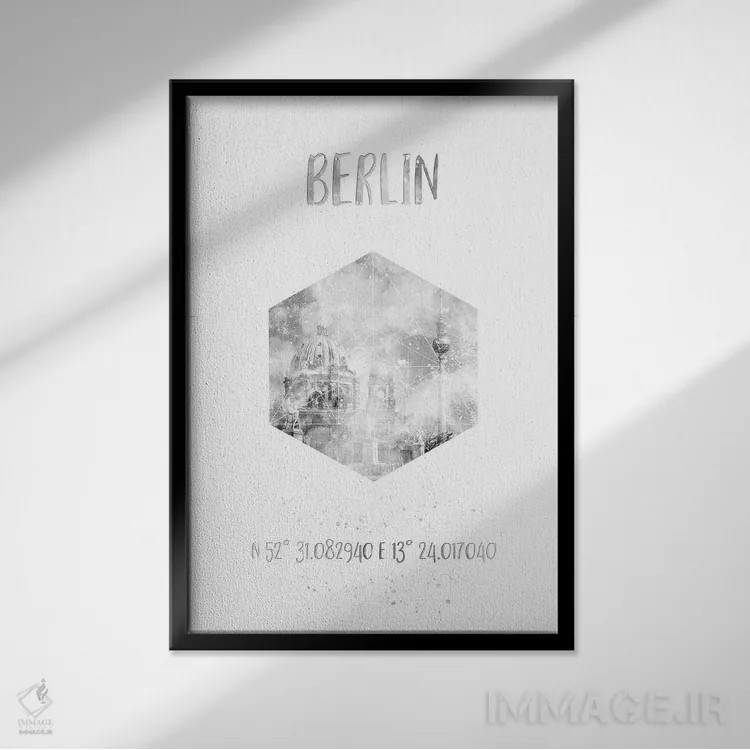 تابلو دکوراتیو مختصات کلیسای جامع برلین و برج تلویزیون اثر ملانی ویولا - نمای قابدار مشکی