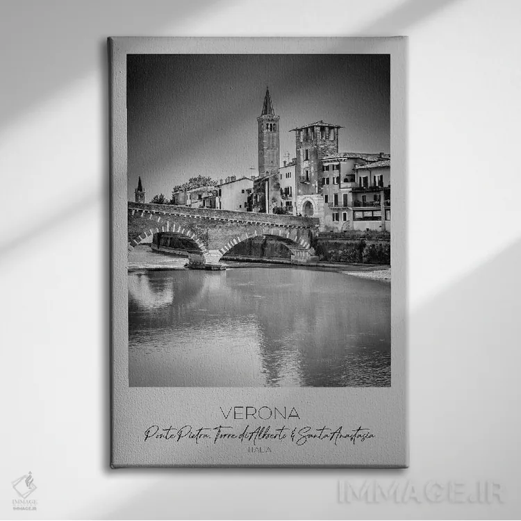 تابلو دکوراتیو در کانون توجه: پل پیترا، برج آلبرتو و سانتا آناستازیا ورونا اثر ملانی ویولا - نمای روبهرو روی دیوار