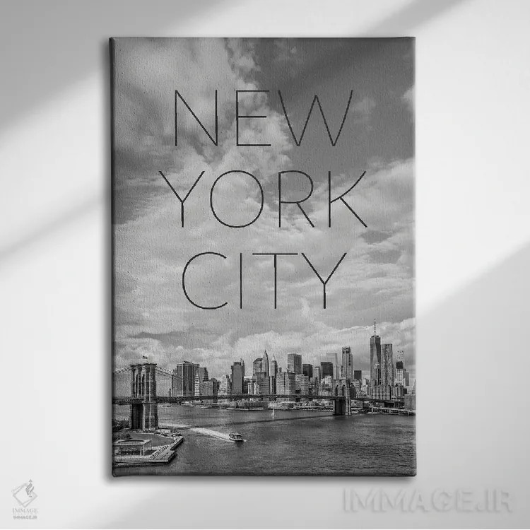 تابلو دکوراتیو پل بروکلین و منهتن جنوبی نیویورک با متن و چشم انداز اثر ملانی ویولا - نمای روبهرو روی دیوار