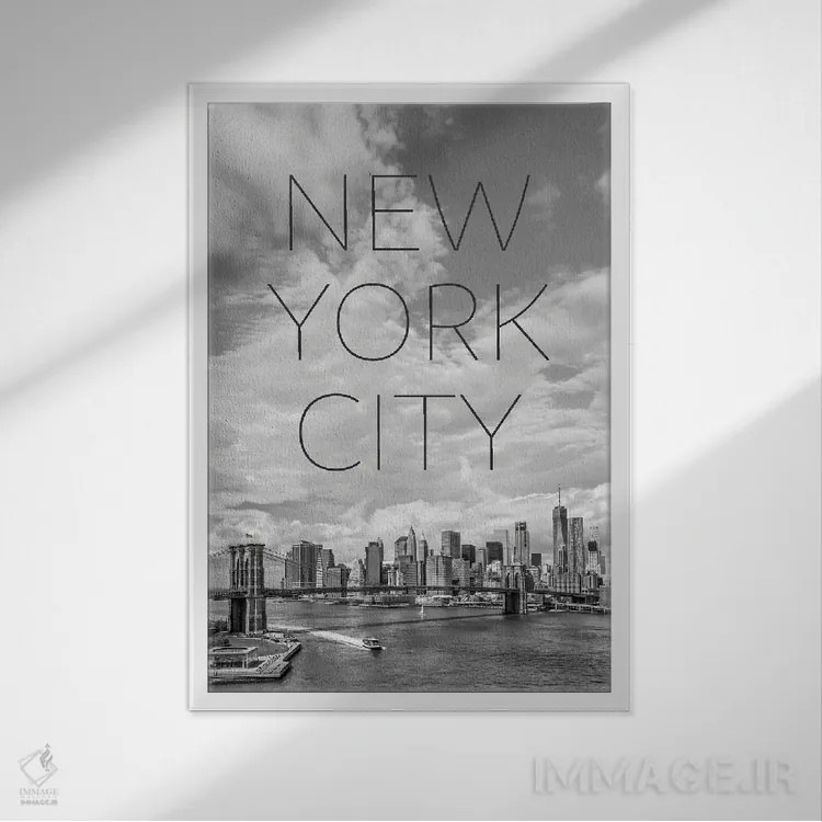 تابلو دکوراتیو پل بروکلین و منهتن جنوبی نیویورک با متن و چشم انداز اثر ملانی ویولا - نمای قابدار سفید
