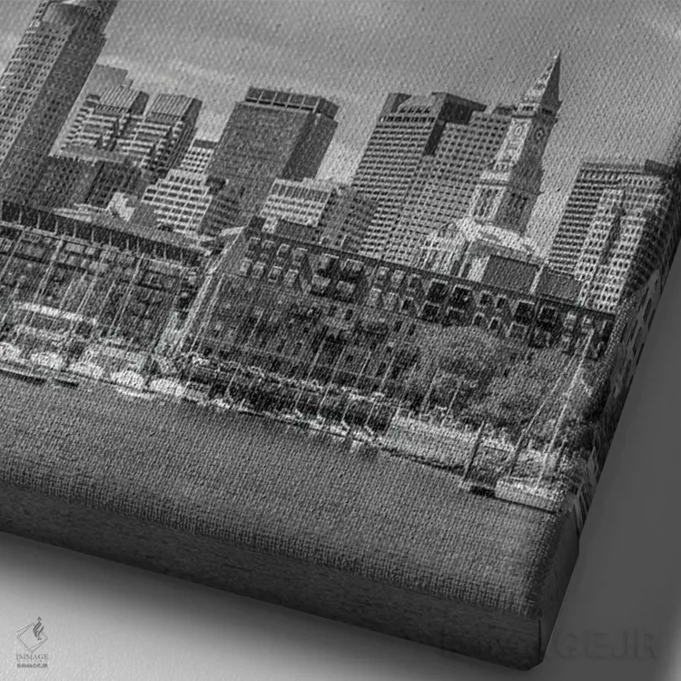 تابلو دکوراتیو نمای آسمان خراش های بوستون، منطقه مالی و نورث اند با متن اثر ملانی ویولا - نمای نزدیک بافت بوم