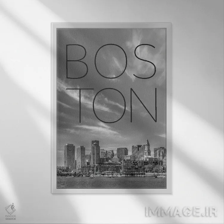تابلو دکوراتیو نمای آسمان خراش های بوستون، منطقه مالی و نورث اند با متن اثر ملانی ویولا - نمای قابدار سفید