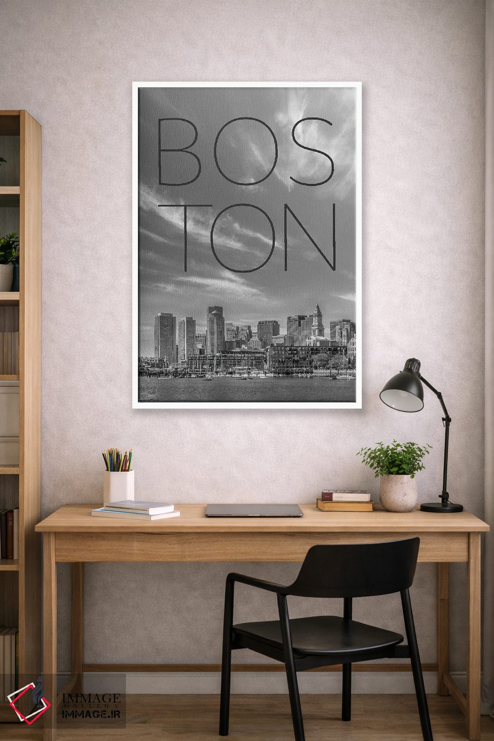 تابلو دکوراتیو نمای آسمان خراش های بوستون، منطقه مالی و نورث اند با متن اثر ملانی ویولا - D2W