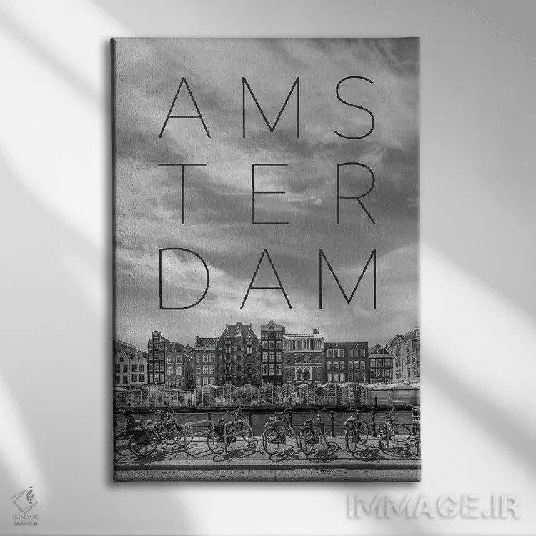 تابلو دکوراتیو کانال سینگل آمستردام با بازار گل و متن و چشم انداز اثر ملانی ویولا - نمای روبهرو روی دیوار