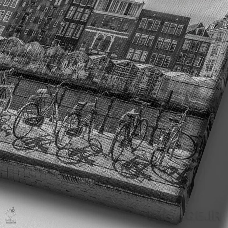 تابلو دکوراتیو کانال سینگل آمستردام با بازار گل و متن و چشم انداز اثر ملانی ویولا - نمای نزدیک بافت بوم