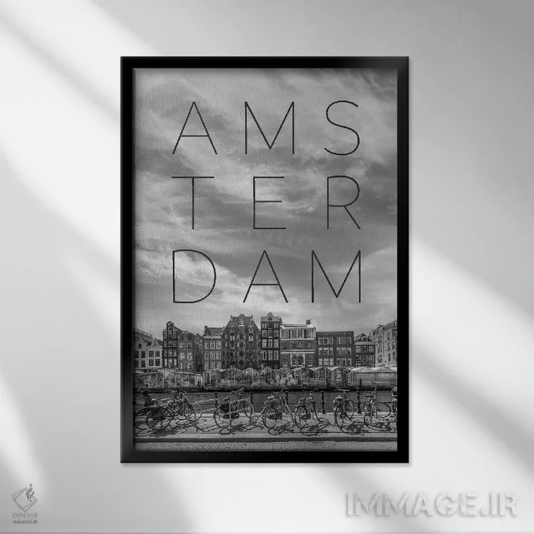 تابلو دکوراتیو کانال سینگل آمستردام با بازار گل و متن و چشم انداز اثر ملانی ویولا - نمای قابدار مشکی