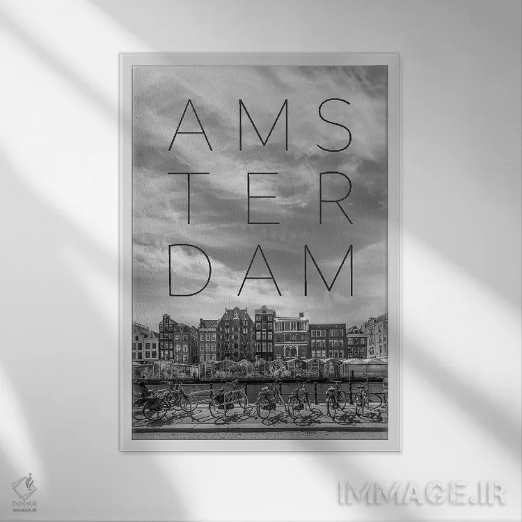 تابلو دکوراتیو کانال سینگل آمستردام با بازار گل و متن و چشم انداز اثر ملانی ویولا - نمای قابدار سفید