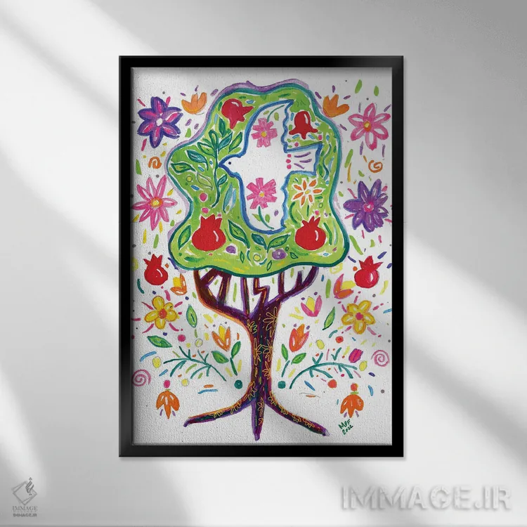 تابلو دکوراتیو درخت صلح ایتز شالوم اثر میشل پالور فلدمن - نمای قابدار مشکی