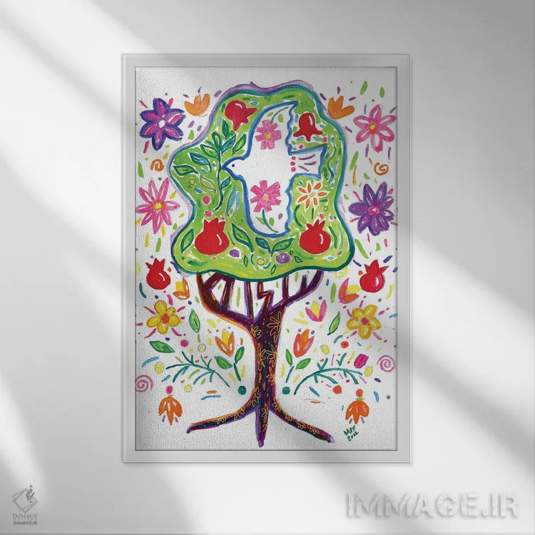 تابلو دکوراتیو درخت صلح ایتز شالوم اثر میشل پالور فلدمن - نمای قابدار سفید