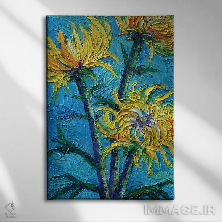 تابلو دکوراتیو دسته گل داوودی اثر مونا ادولسکو - نمای روبهرو روی دیوار